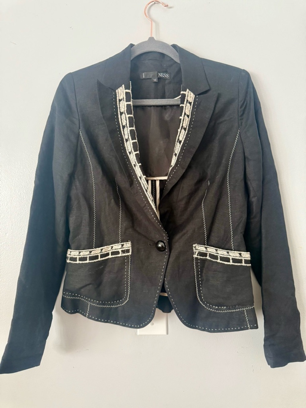 EUC Dark Academia Ness Embroidered Blazer | Black Linen Contrast Stitch Jacket